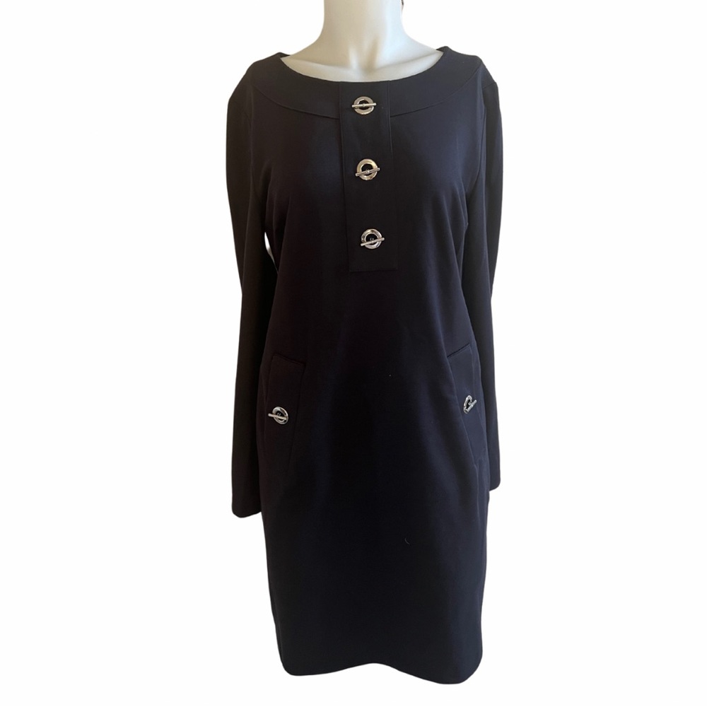 Navy MK jersey dress with silver accents, long sleeve midi length. EUC!